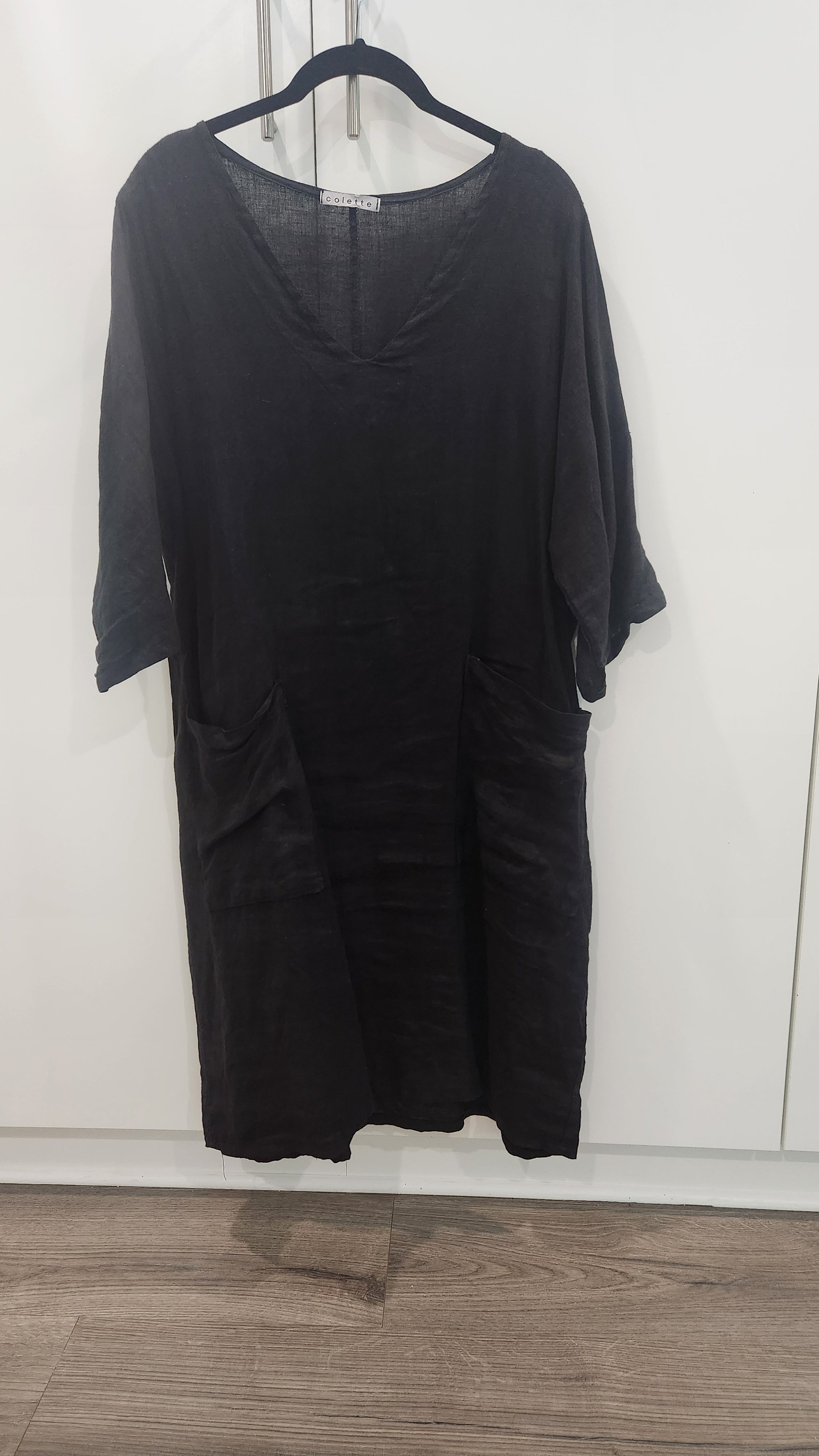 Black V-Necked Linen Dress with Pockets