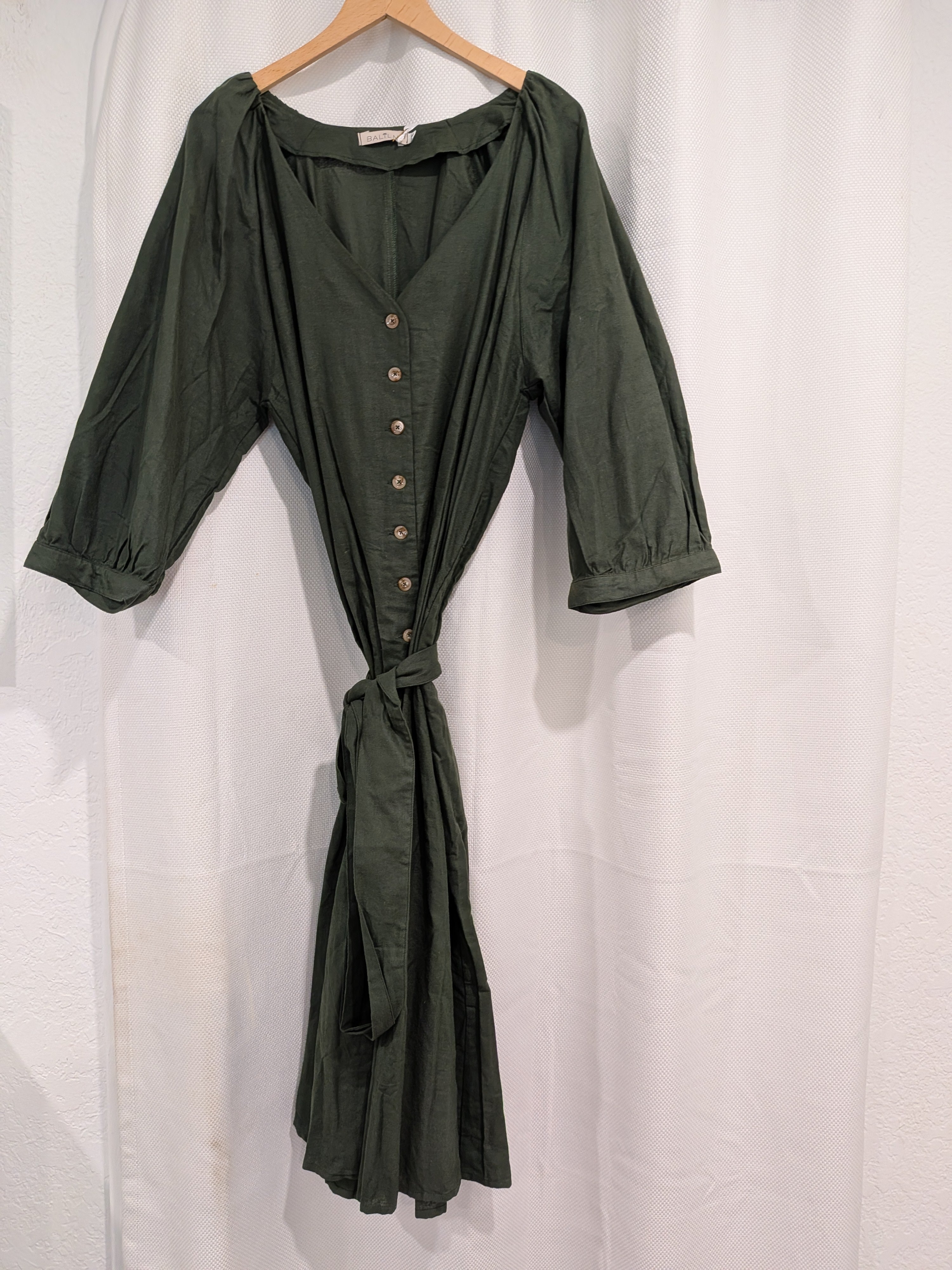 Dark Green Linen Dress with Belt