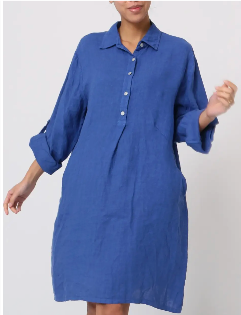 Blue Short Linen Shirt Dress